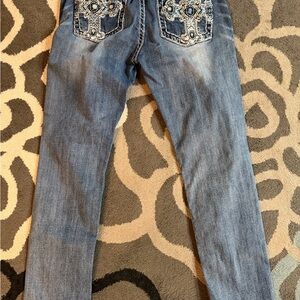 Miss Me Blue Straight Leg Jeans with Cross Embellishments